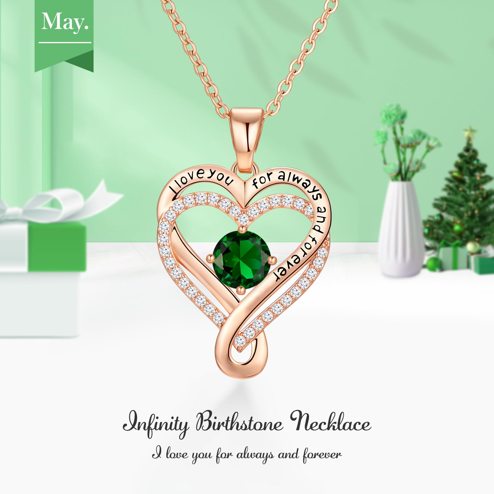 Infinity Love Heart Birthstone Necklace for Women Wife, S925 Sterling Silver Anniversary for Women Wife Birthday Gift for Her Girlfriend Mom Daughters, I Love You Women's Jewelry 18k Rose Gold Filled
