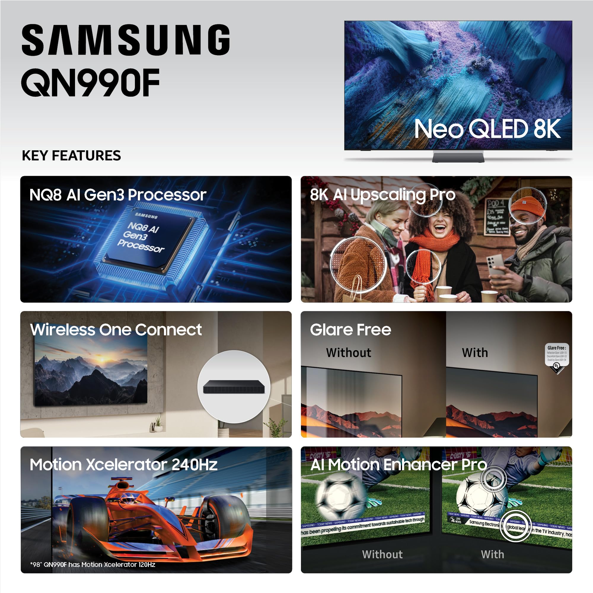 Samsung 65-Inch Class Neo QLED QN990F 8K Mini LED Smart TV NQ8IGen3 Processor,Wireless One Connect, Glare Free, Samsung Vision AI, Alexa Built-in