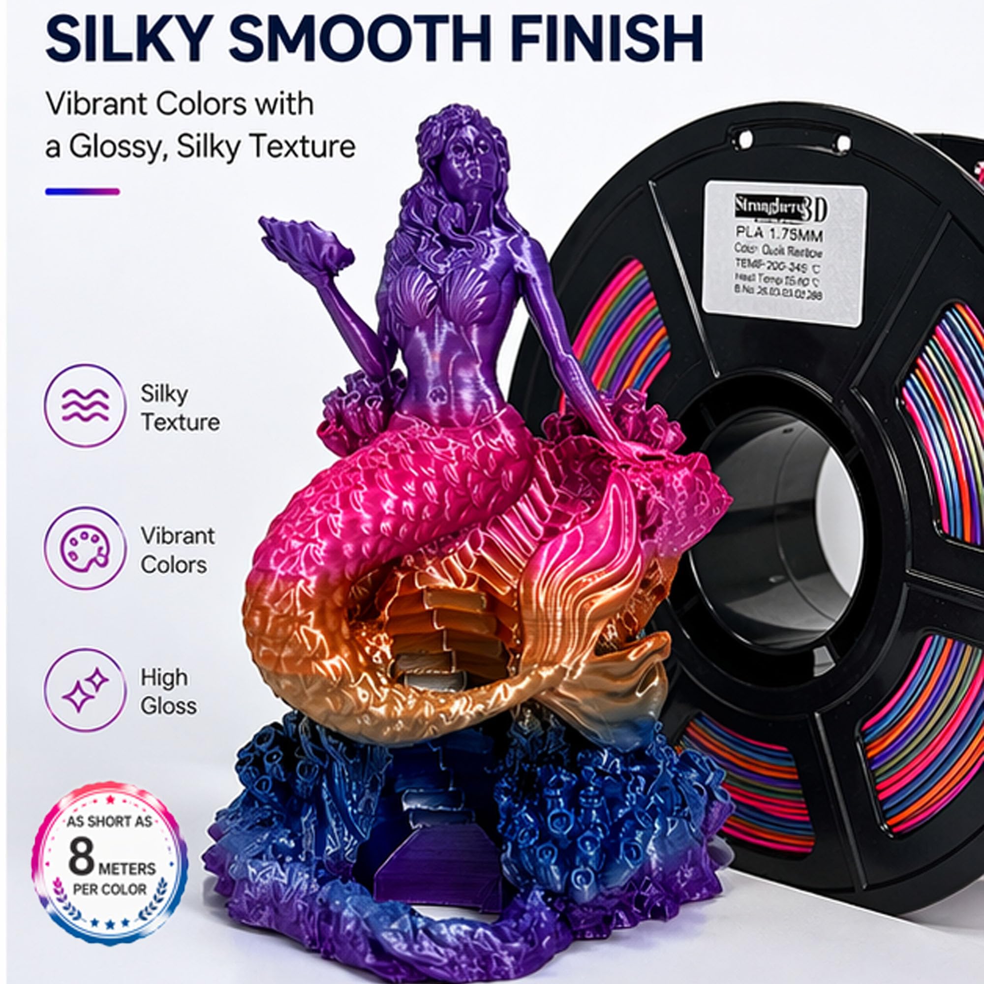 PLA Rainbow Silk Filament,Multi Color,Net Weight 1kg(2.2lbs) Accuracy +/-0.05mm