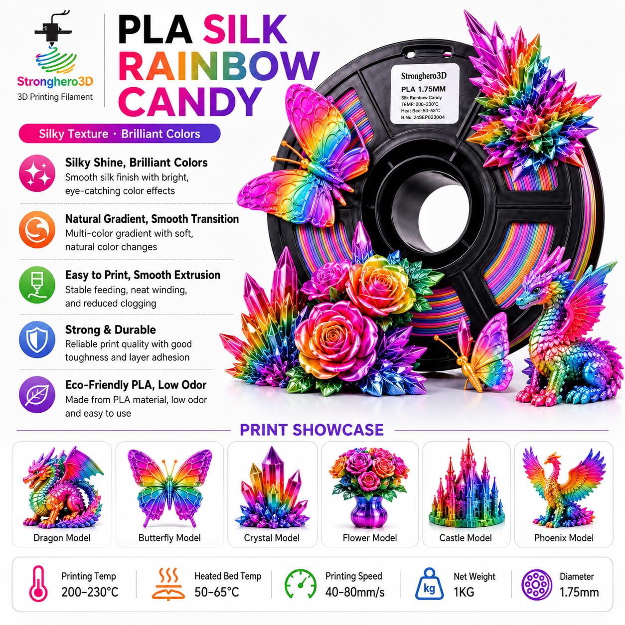 PLA Rainbow Silk Filament,Multi Color,Net Weight 1kg(2.2lbs) Accuracy +/-0.05mm