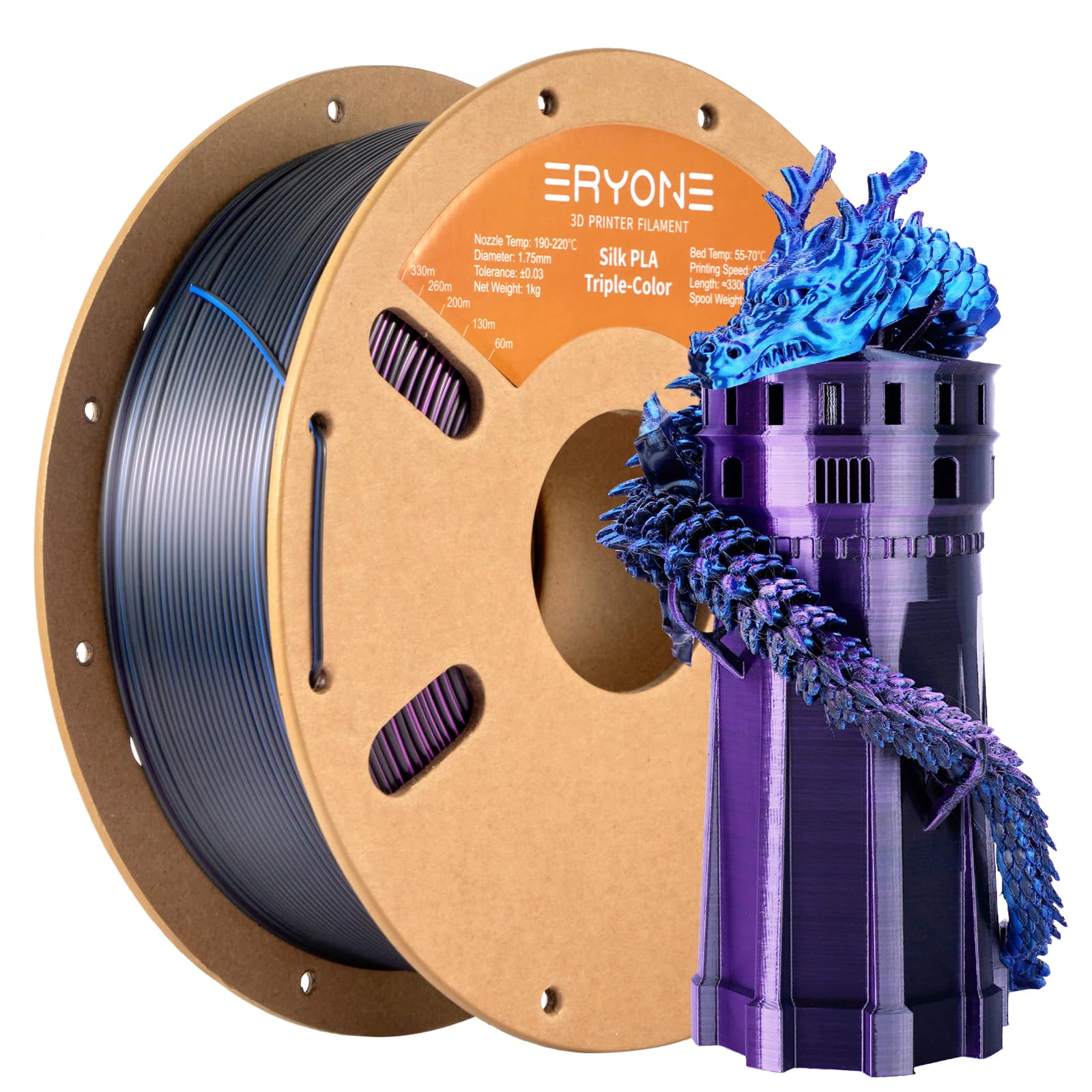 ERYONE Silk Tri Color PLA Filament 3D Printer 1.75mm +/- 0.03mm, Multicolor Filament Tricolor PLA Bundle 2KG Cardboard Spool, Red Blue Green