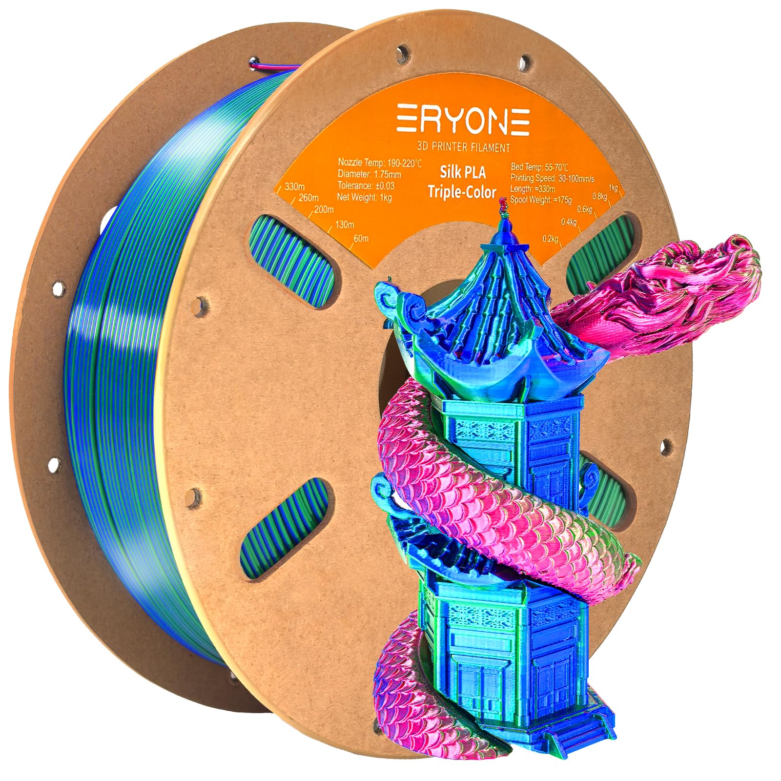 ERYONE Silk Tri Color PLA Filament 3D Printer 1.75mm +/- 0.03mm, Multicolor Filament Tricolor PLA Bundle 2KG Cardboard Spool, Red Blue Green