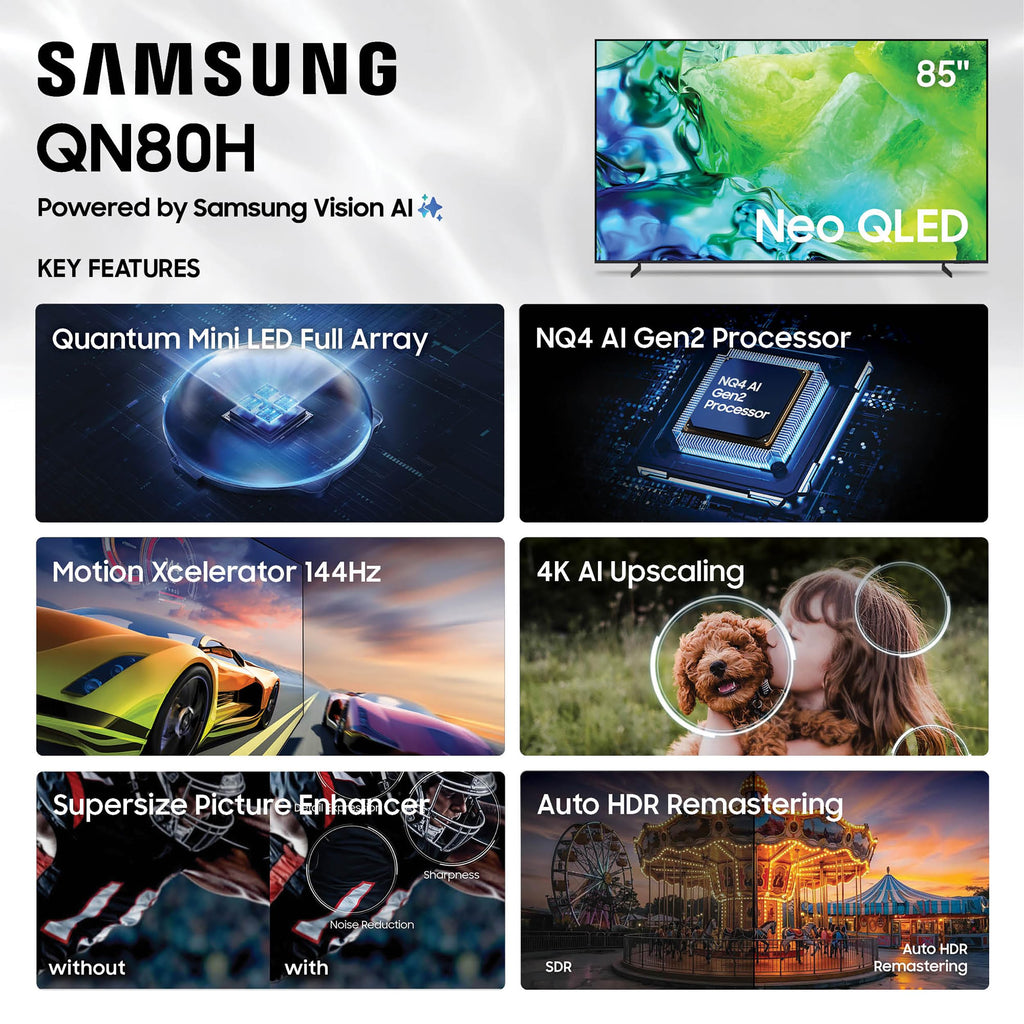Samsung 65-Inch Class Neo QLED QN80H Series Samsung Vision AI Smart TV (2026 Model, 65QN80H) Quantum Mini LED Full Array, Motion Xcelerator 144Hz, 4K AI Upscaling, Alexa Built-in
