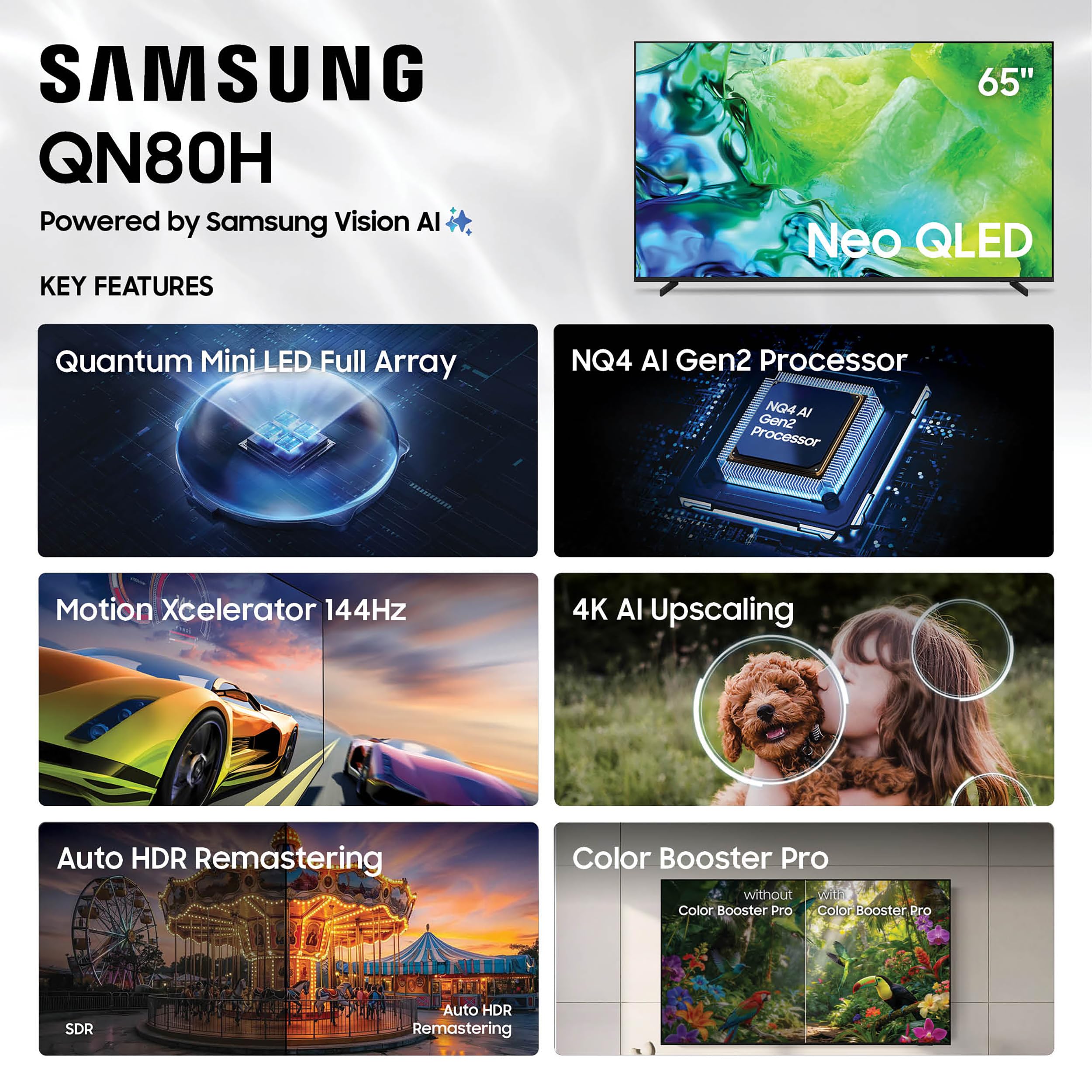 Samsung 65-Inch Class Neo QLED QN80H Series Samsung Vision AI Smart TV (2026 Model, 65QN80H) Quantum Mini LED Full Array, Motion Xcelerator 144Hz, 4K AI Upscaling, Alexa Built-in