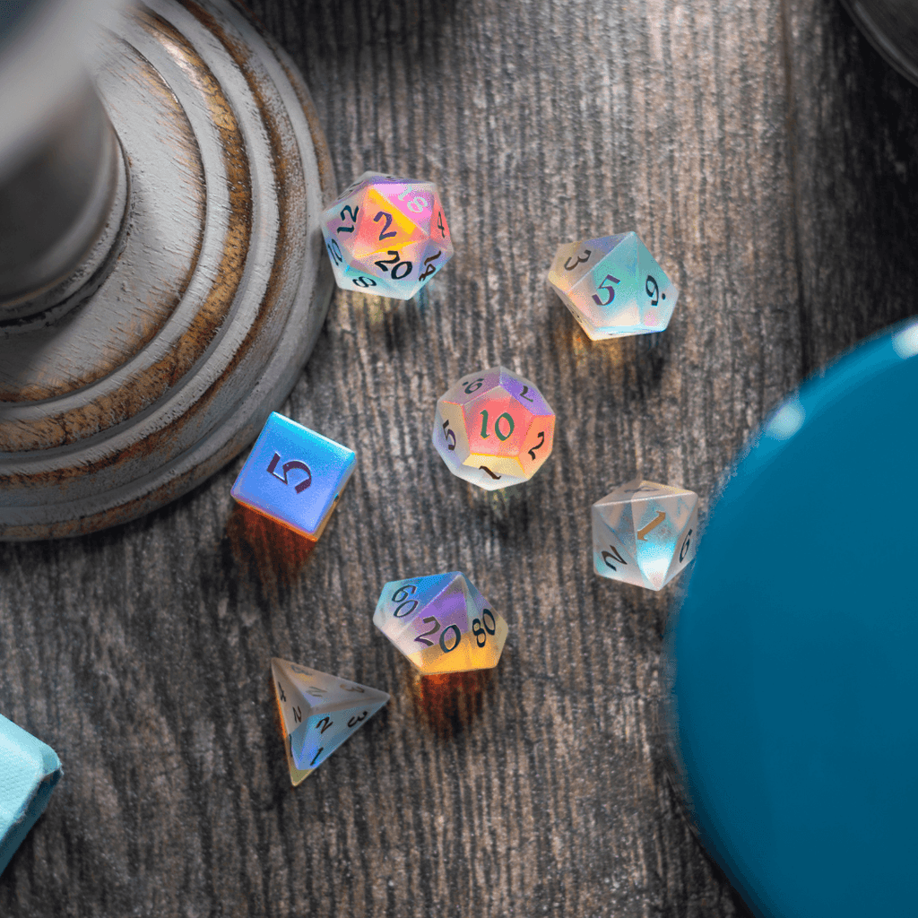Gemstone (Inked) Raised Dichroic Glass DND Dice Set