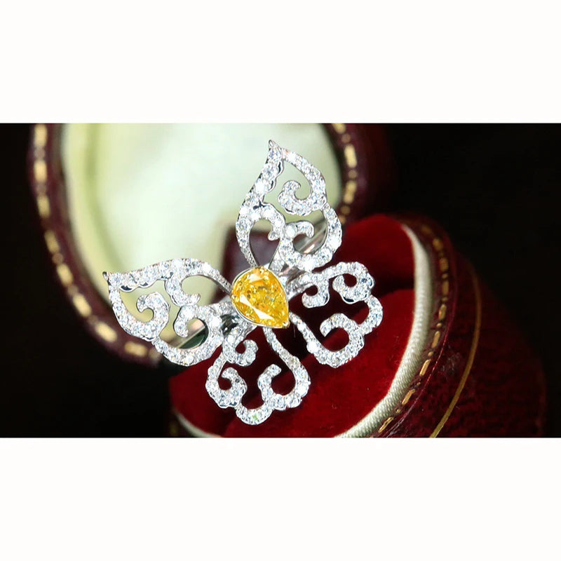 Aazuo 18K Luxury Jewelry High Quality Real Yellow Diamonds 1.10ct 18K White Gold Butterfly Ring Upscale Trendy Senior Party