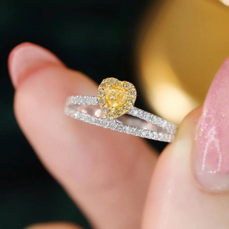 Aazuo Find Jewelry Real Yellow&White Diamond 18K Solid Gold Heart VShape Rings Upscale Trendy Senior Party Fine Jewelry Hot Sell