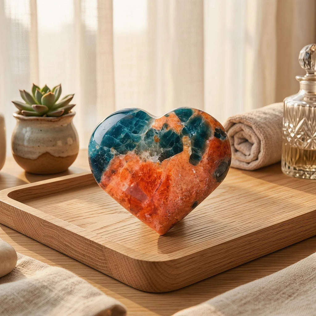 Natural Blue Apatite With Sunstone Crystal Heart,