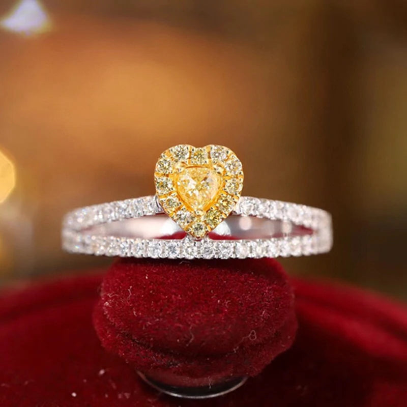 Aazuo Find Jewelry Real Yellow&White Diamond 18K Solid Gold Heart VShape Rings Upscale Trendy Senior Party Fine Jewelry Hot Sell