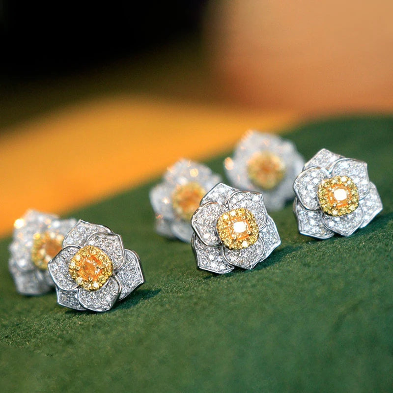 Aazuo Real 18K White Gold Real Yellow Diamonds Fairy Flower Stud Earring Gifted For Women Wedding Party Chain Real Gold Au750