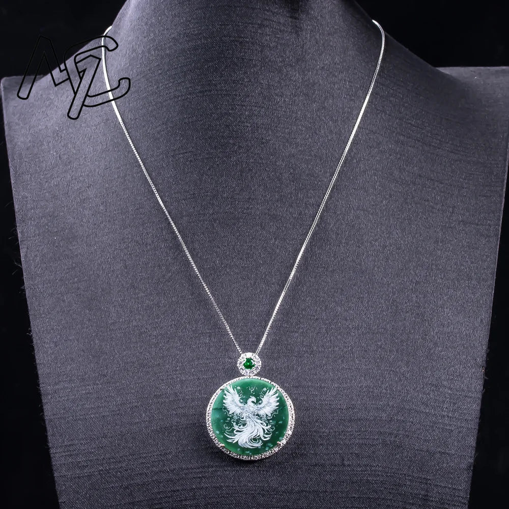 S925 Silver New Natural Real Emerald Stone-shadow Carving Phoenix Pendant Jadeite Necklace Jewelry Charm Designer Luxury Gifts