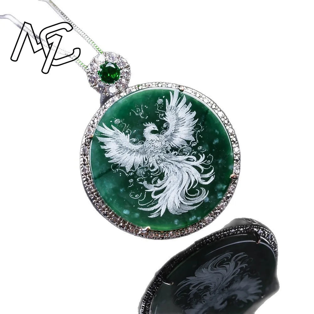 S925 Silver New Natural Real Emerald Stone-shadow Carving Phoenix Pendant Jadeite Necklace Jewelry Charm Designer Luxury Gifts