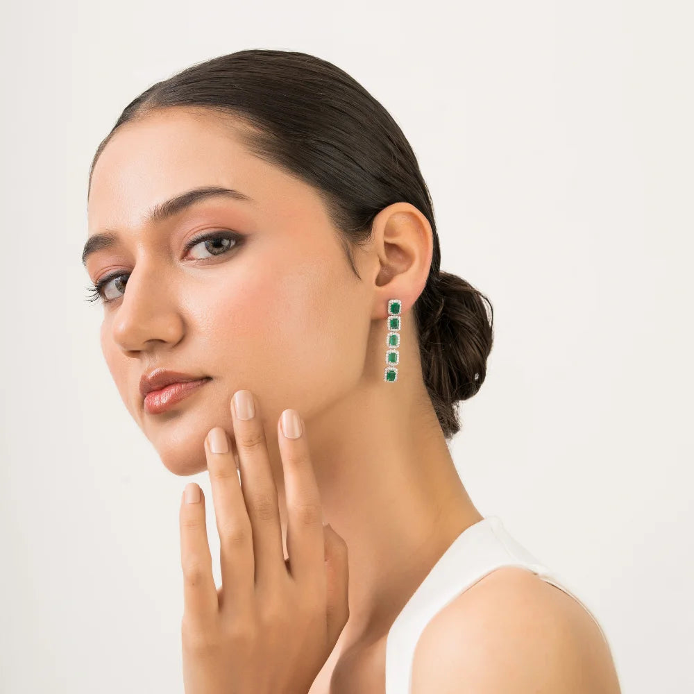 Emerald Diamond Statement Halo Dangle Earrings 14K White Gold Jewelry