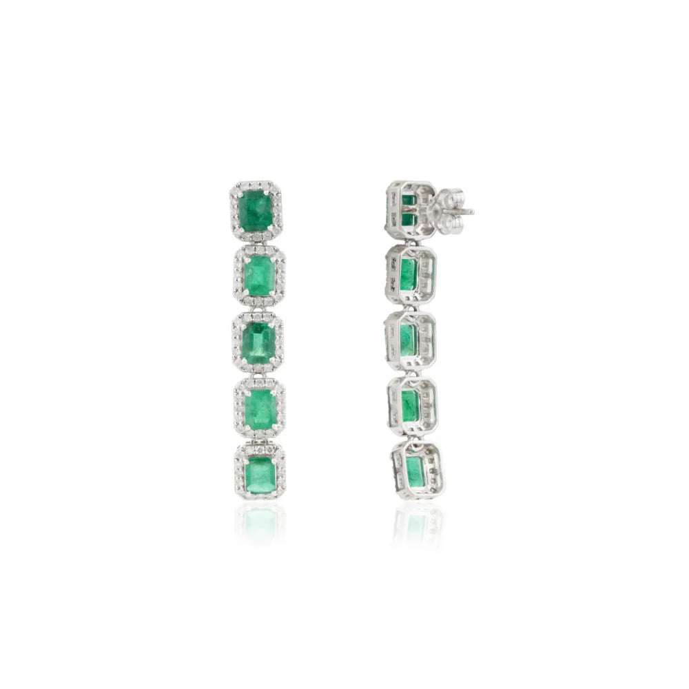 Emerald Diamond Statement Halo Dangle Earrings 14K White Gold Jewelry