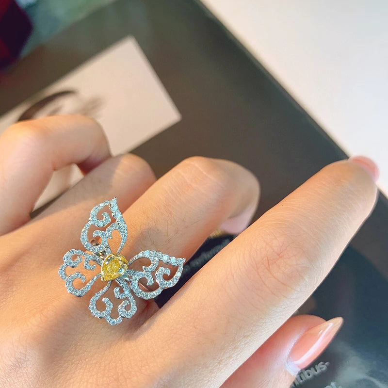 Aazuo 18K Luxury Jewelry High Quality Real Yellow Diamonds 1.10ct 18K White Gold Butterfly Ring Upscale Trendy Senior Party