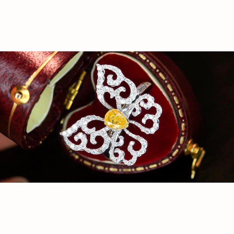 Aazuo 18K Luxury Jewelry High Quality Real Yellow Diamonds 1.10ct 18K White Gold Butterfly Ring Upscale Trendy Senior Party
