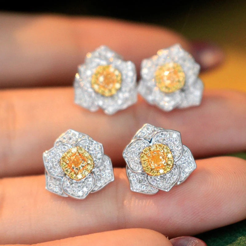 Aazuo Real 18K White Gold Real Yellow Diamonds Fairy Flower Stud Earring Gifted For Women Wedding Party Chain Real Gold Au750