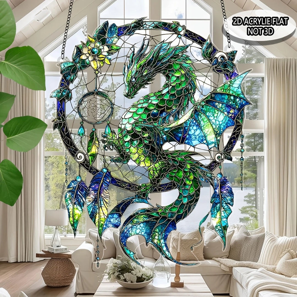 2D Green/Red Fantasy Dragon Acrylic Dream Catcher Light Catcher for Window And Door Home Decor Auspicious Gift Sunlight Catcher