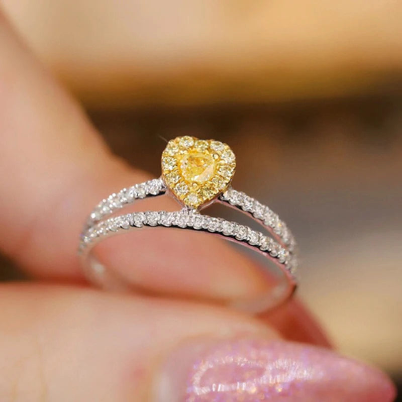 Aazuo Find Jewelry Real Yellow&White Diamond 18K Solid Gold Heart VShape Rings Upscale Trendy Senior Party Fine Jewelry Hot Sell