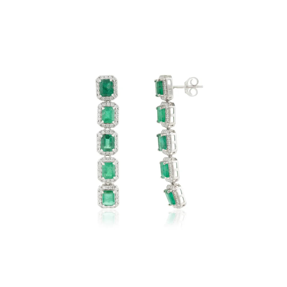 Emerald Diamond Statement Halo Dangle Earrings 14K White Gold Jewelry