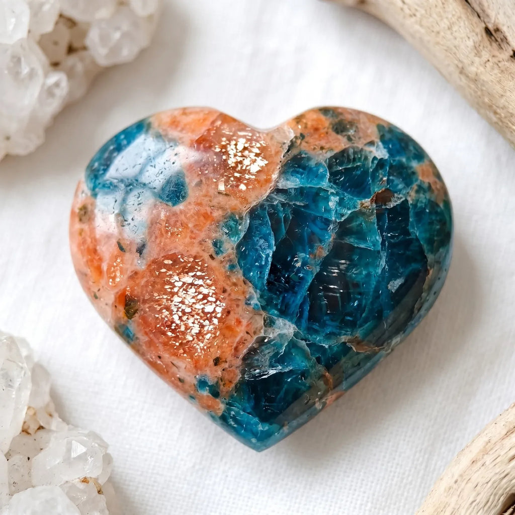 Natural Blue Apatite With Sunstone Crystal Heart,