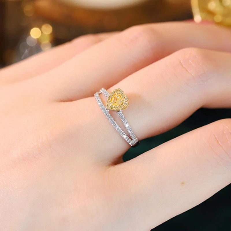 Aazuo Find Jewelry Real Yellow&White Diamond 18K Solid Gold Heart VShape Rings Upscale Trendy Senior Party Fine Jewelry Hot Sell