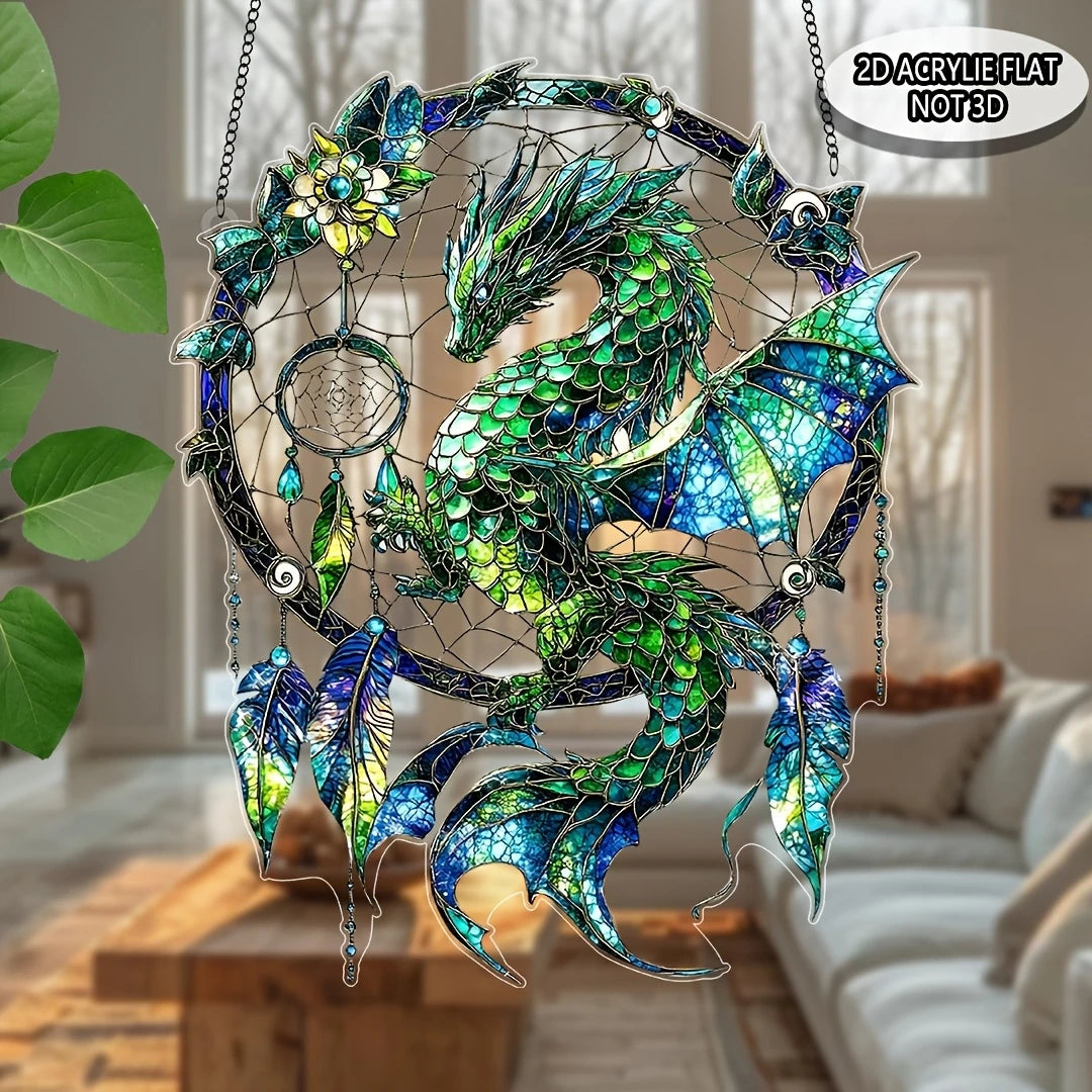 2D Green/Red Fantasy Dragon Acrylic Dream Catcher Light Catcher for Window And Door Home Decor Auspicious Gift Sunlight Catcher