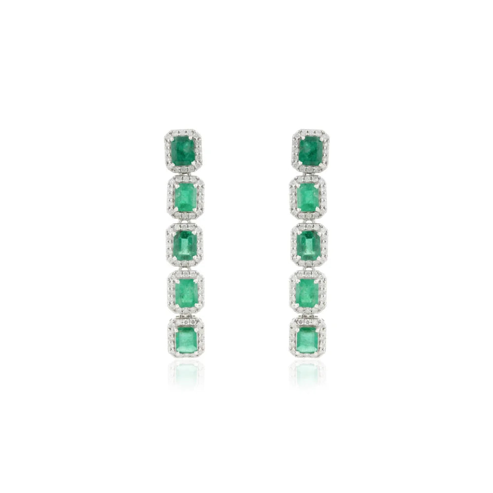 Emerald Diamond Statement Halo Dangle Earrings 14K White Gold Jewelry