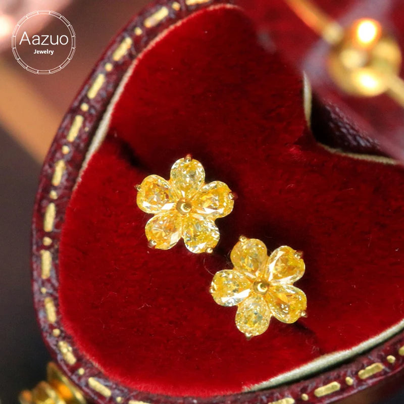 Aazuo Real 18K Yellow Gold Real Yellow Diamonds 0.8ct Fairy Flower Stud Earring Gifted For Women Wedding Party Chain Real Gold
