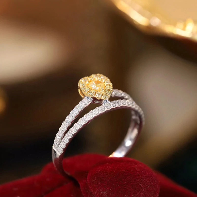 Aazuo Find Jewelry Real Yellow&White Diamond 18K Solid Gold Heart VShape Rings Upscale Trendy Senior Party Fine Jewelry Hot Sell