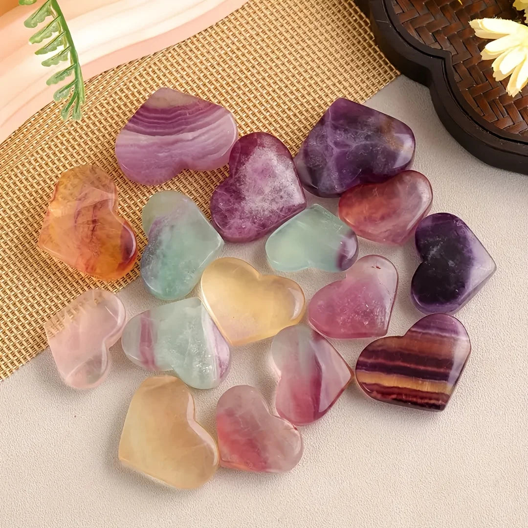 1/2pcs Natural Rainbow Fluorite Heart Carving,