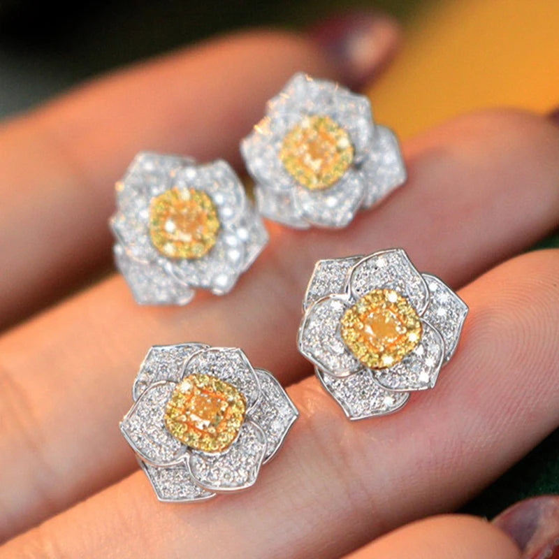 Aazuo Real 18K White Gold Real Yellow Diamonds Fairy Flower Stud Earring Gifted For Women Wedding Party Chain Real Gold Au750