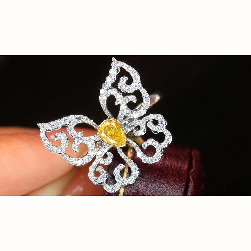 Aazuo 18K Luxury Jewelry High Quality Real Yellow Diamonds 1.10ct 18K White Gold Butterfly Ring Upscale Trendy Senior Party