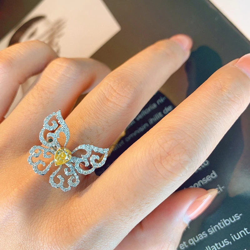Aazuo 18K Luxury Jewelry High Quality Real Yellow Diamonds 1.10ct 18K White Gold Butterfly Ring Upscale Trendy Senior Party