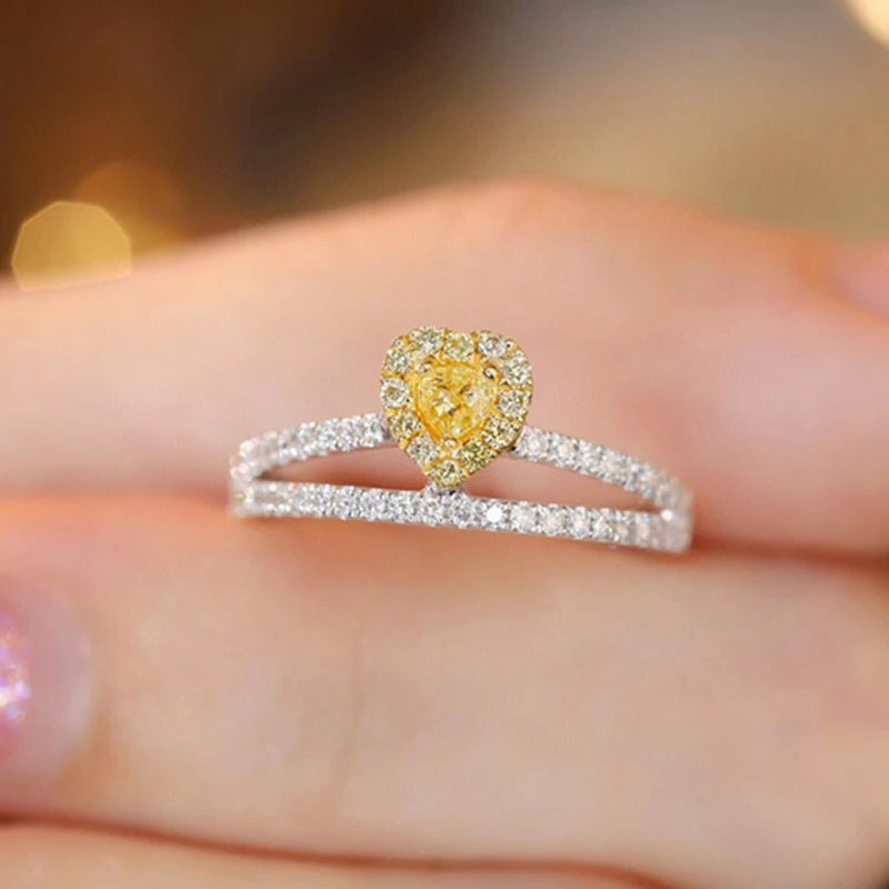 Aazuo Find Jewelry Real Yellow&White Diamond 18K Solid Gold Heart VShape Rings Upscale Trendy Senior Party Fine Jewelry Hot Sell