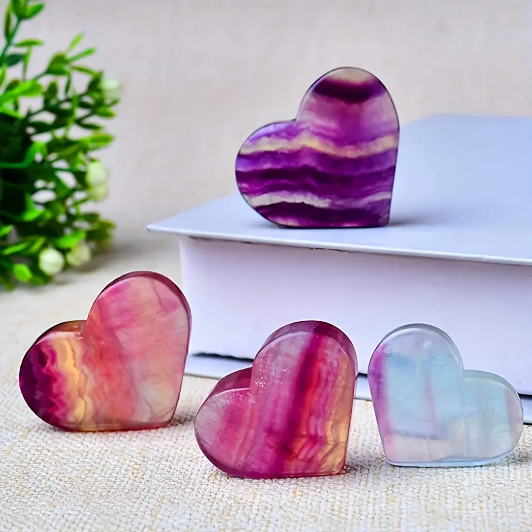 1/2pcs Natural Rainbow Fluorite Heart Carving,