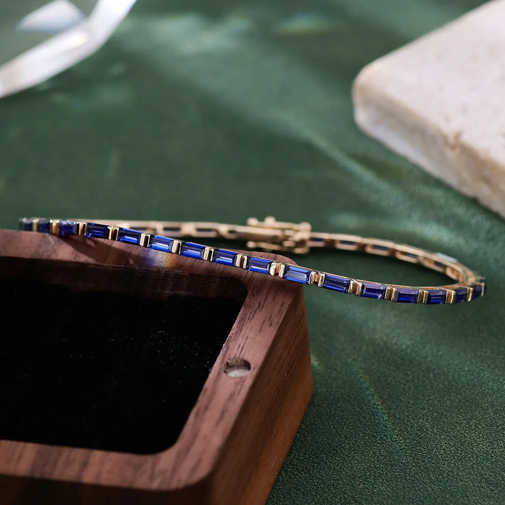 Provence 10K/14K solid gold tennis chain bracelets baguette cut lab sapphire bracelet for women custom birthday Anniversary gift