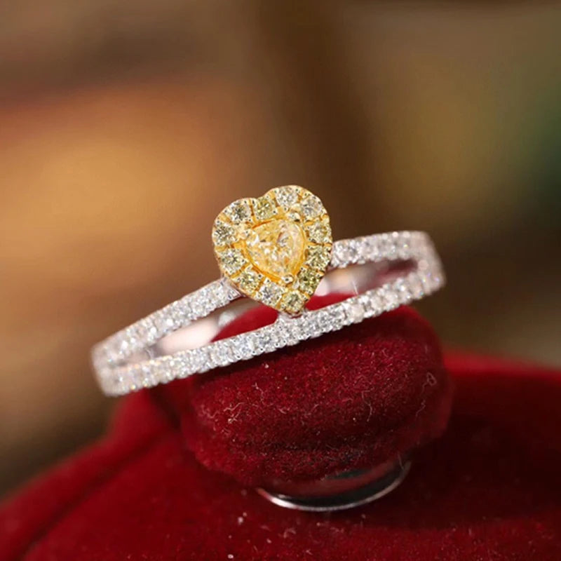 Aazuo Find Jewelry Real Yellow&White Diamond 18K Solid Gold Heart VShape Rings Upscale Trendy Senior Party Fine Jewelry Hot Sell