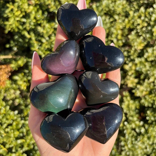 1 Bohemian Rainbow Obsidian Heart - Polished Stone Charm with Multi-Color Swirl Pattern, Glossy Finish