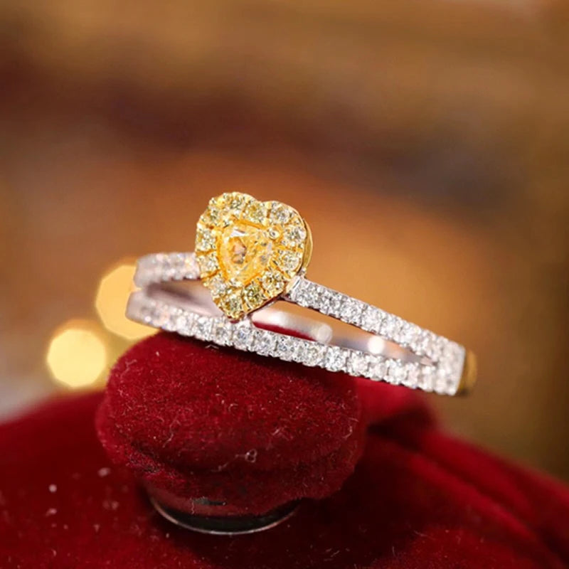 Aazuo Find Jewelry Real Yellow&White Diamond 18K Solid Gold Heart VShape Rings Upscale Trendy Senior Party Fine Jewelry Hot Sell