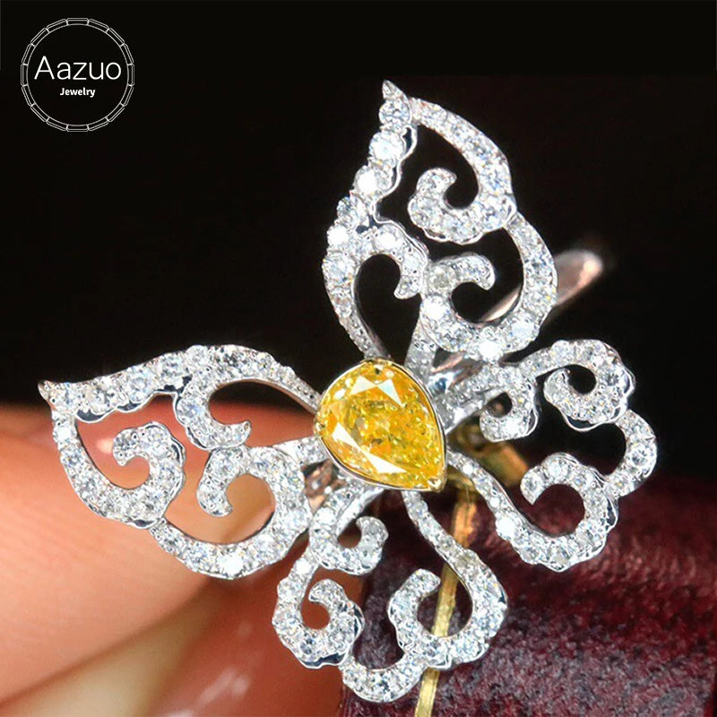 Aazuo 18K Luxury Jewelry High Quality Real Yellow Diamonds 1.10ct 18K White Gold Butterfly Ring Upscale Trendy Senior Party