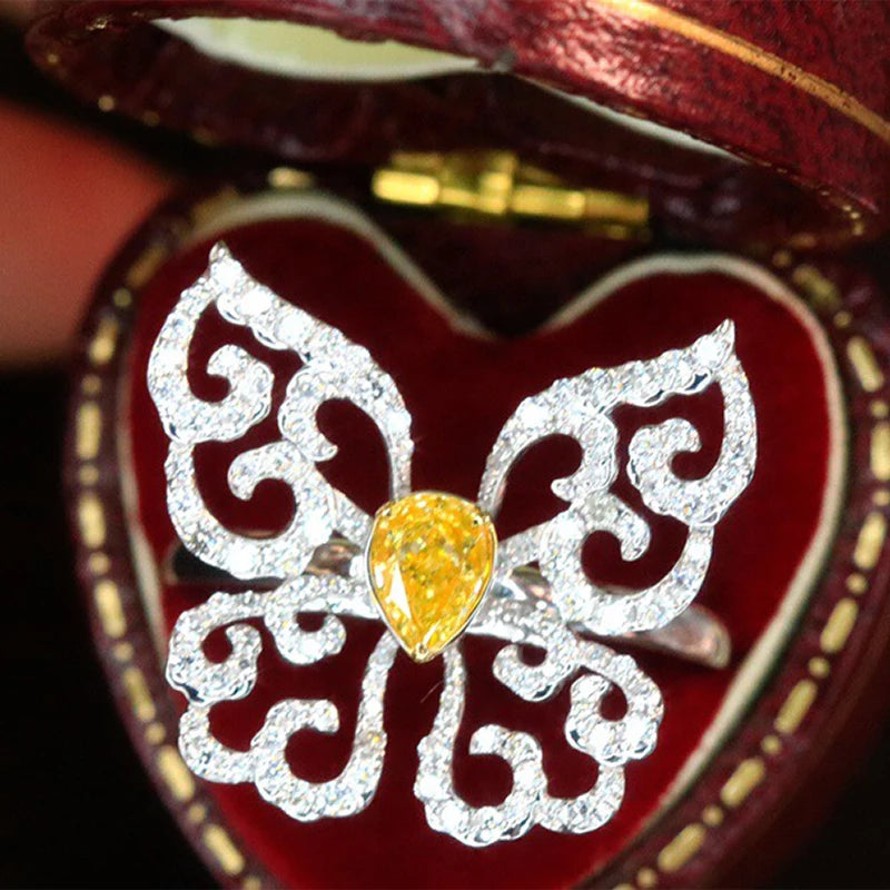 Aazuo 18K Luxury Jewelry High Quality Real Yellow Diamonds 1.10ct 18K White Gold Butterfly Ring Upscale Trendy Senior Party