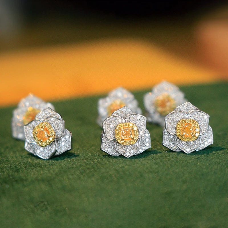 Aazuo Real 18K White Gold Real Yellow Diamonds Fairy Flower Stud Earring Gifted For Women Wedding Party Chain Real Gold Au750