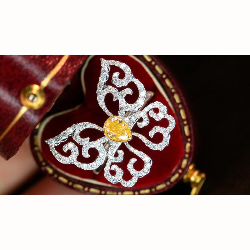 Aazuo 18K Luxury Jewelry High Quality Real Yellow Diamonds 1.10ct 18K White Gold Butterfly Ring Upscale Trendy Senior Party