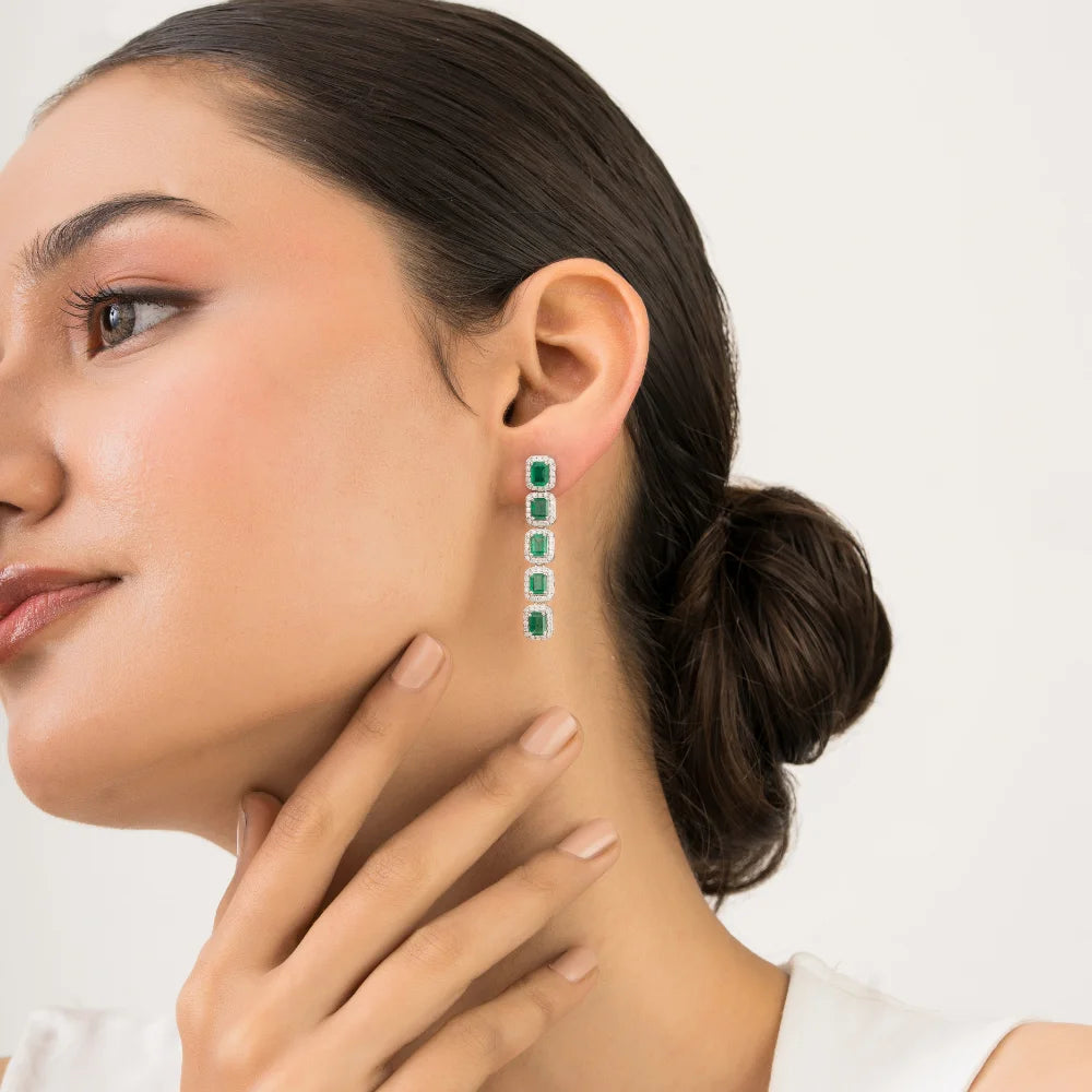 Emerald Diamond Statement Halo Dangle Earrings 14K White Gold Jewelry