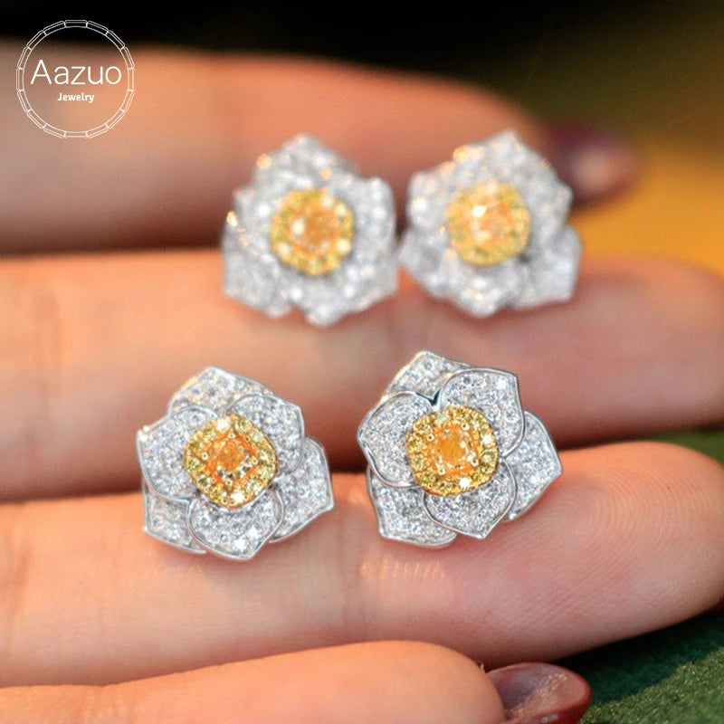 Aazuo Real 18K White Gold Real Yellow Diamonds Fairy Flower Stud Earring Gifted For Women Wedding Party Chain Real Gold Au750