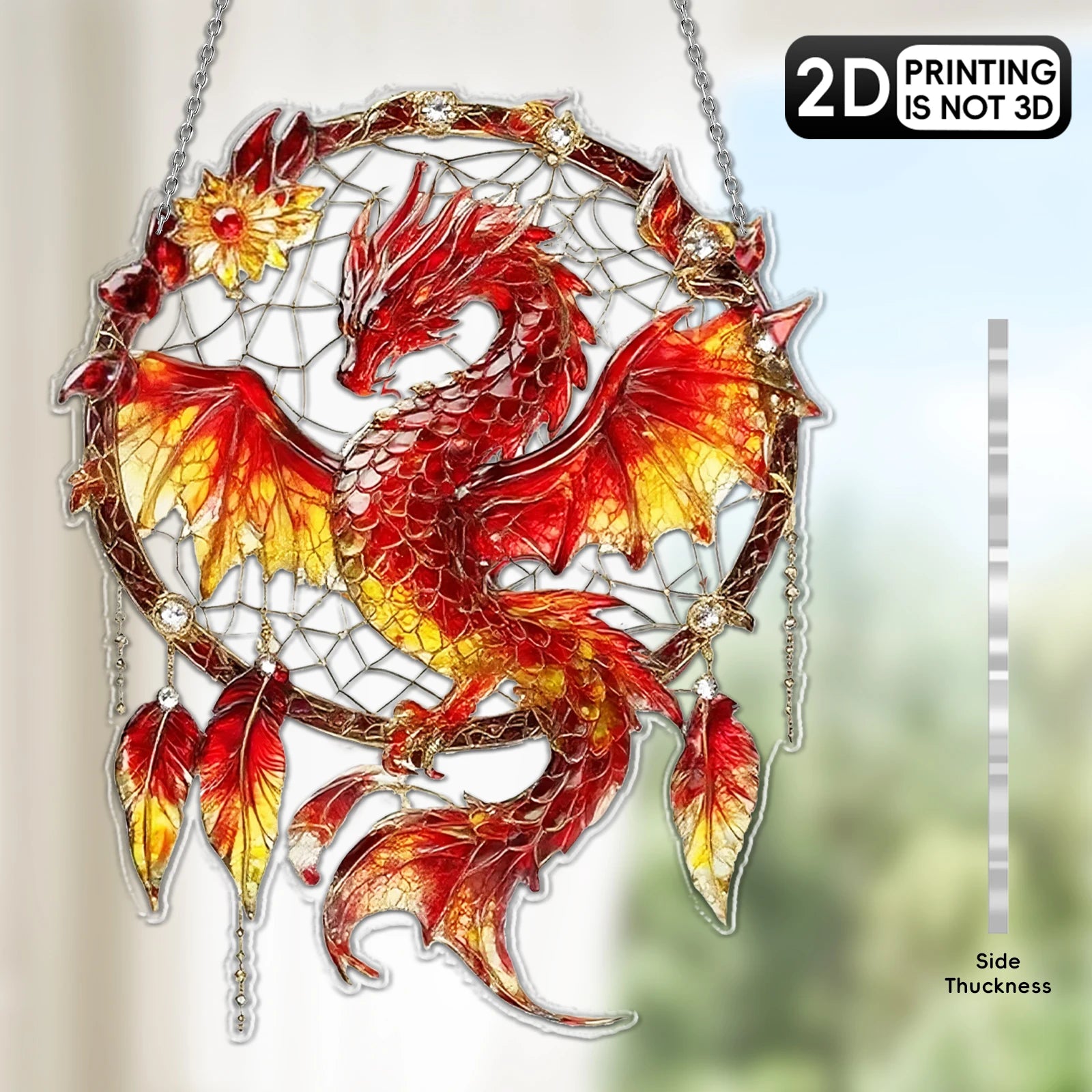 2D Green/Red Fantasy Dragon Acrylic Dream Catcher Light Catcher for Window And Door Home Decor Auspicious Gift Sunlight Catcher