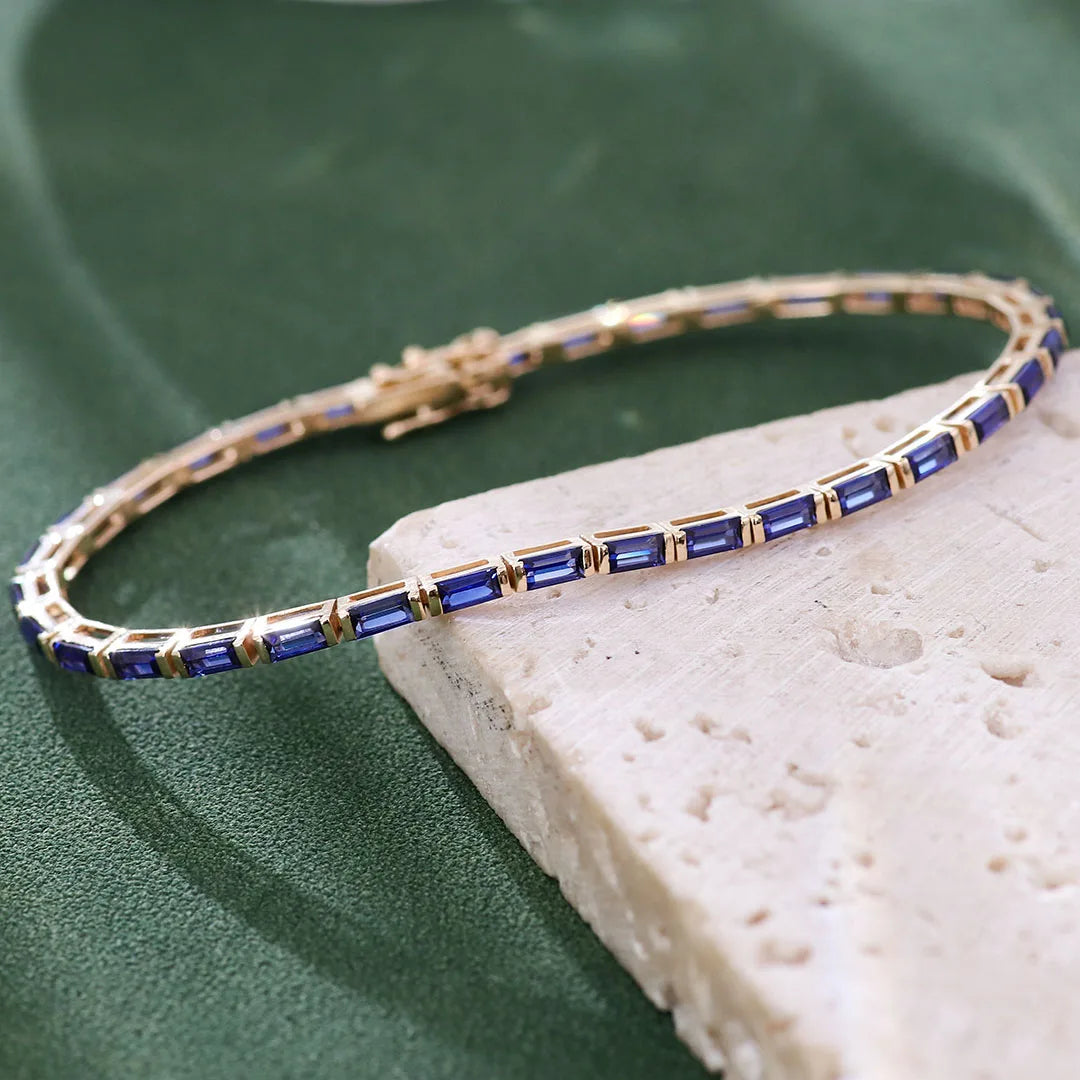 Provence 10K/14K solid gold tennis chain bracelets baguette cut lab sapphire bracelet for women custom birthday Anniversary gift