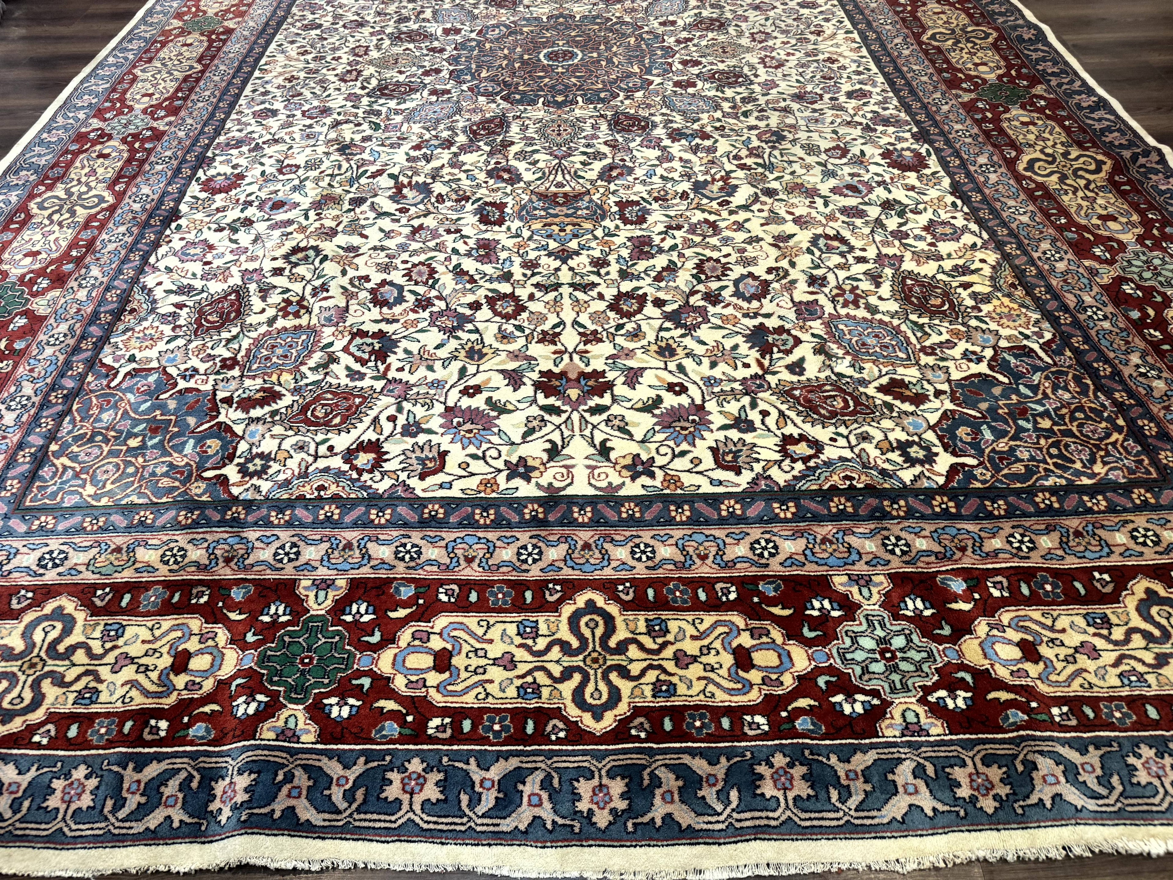 Persian Mashad Rug 10x16, Palace Size Handmade Wool Carpet, Cream Red, Floral Medallion, Vintage