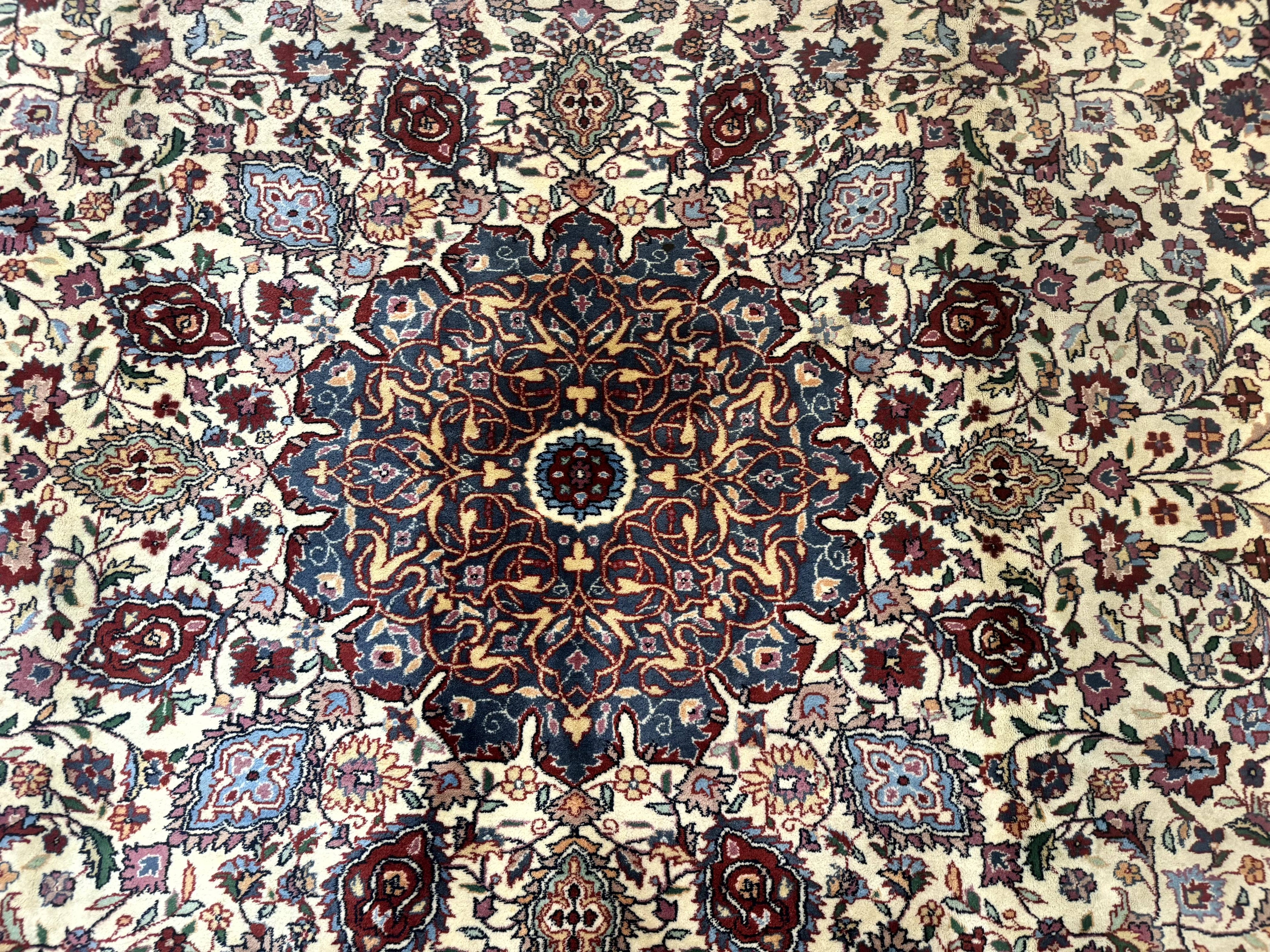 Persian Mashad Rug 10x16, Palace Size Handmade Wool Carpet, Cream Red, Floral Medallion, Vintage
